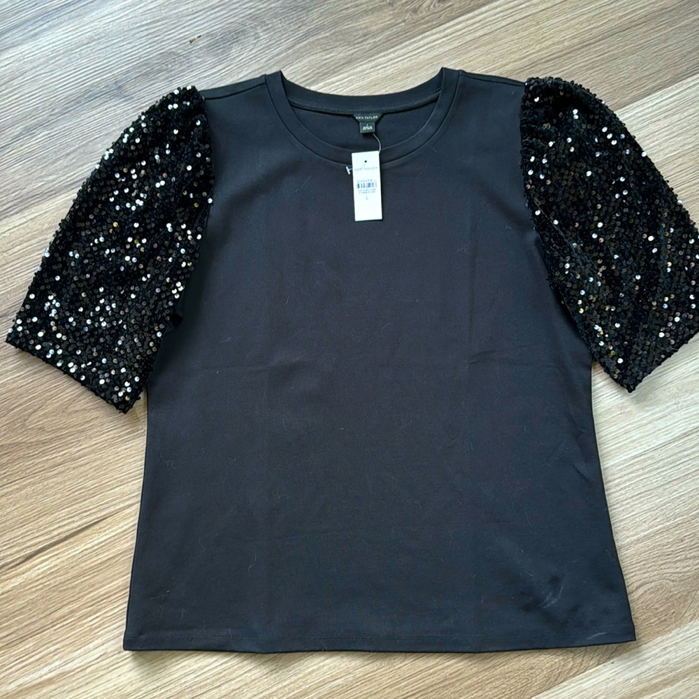 NEW Ann Taylor Shirt with Black Sequin Sleeves